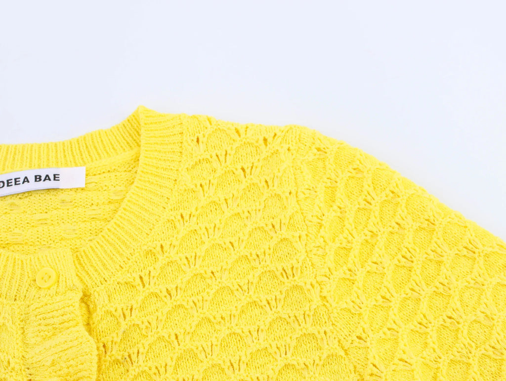 DEEABAE Spring Women's French Style Design With Layered Decorative Buttons And Round Neck Long Sleeved Knitted Jacket