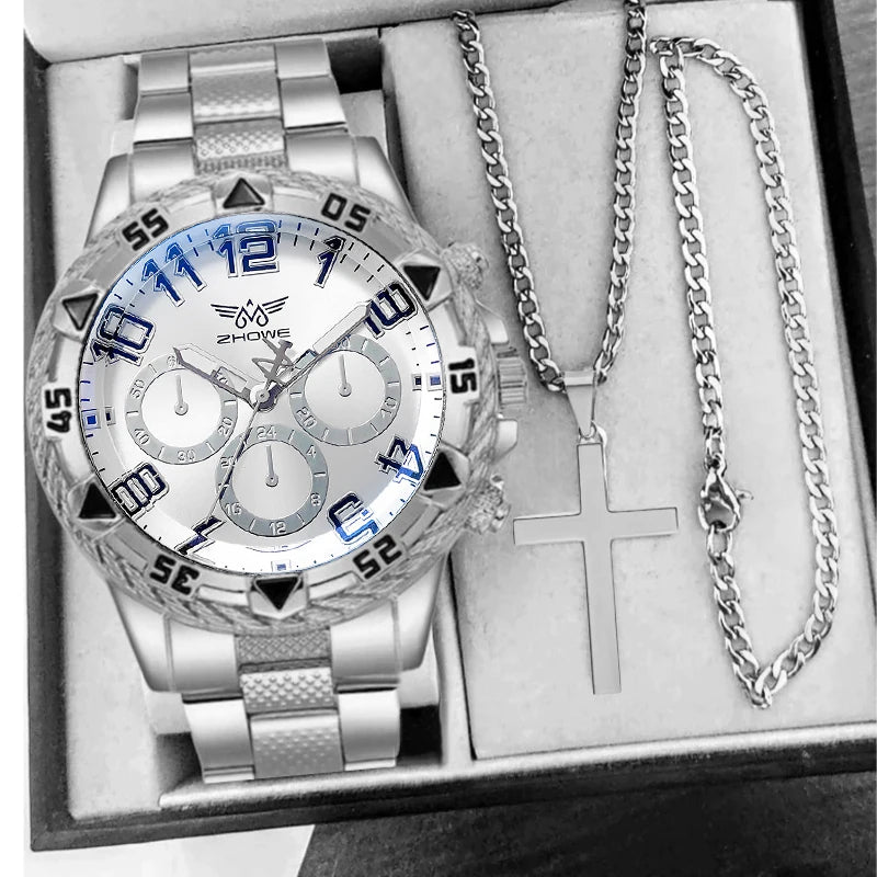 2 Pçs/set Moda Negócios Masculino Relógio Analógico de Quartzo com Colar Cruz (Sem Caixa)