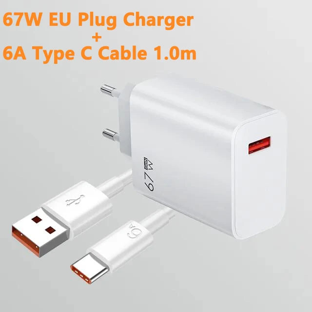 67W USB GaN Charger Fast Charge Mobile Phone Adapter Type C Cable For iPhone Samsung Xiaomi EU/US/UK Plug Portable Wall Charger