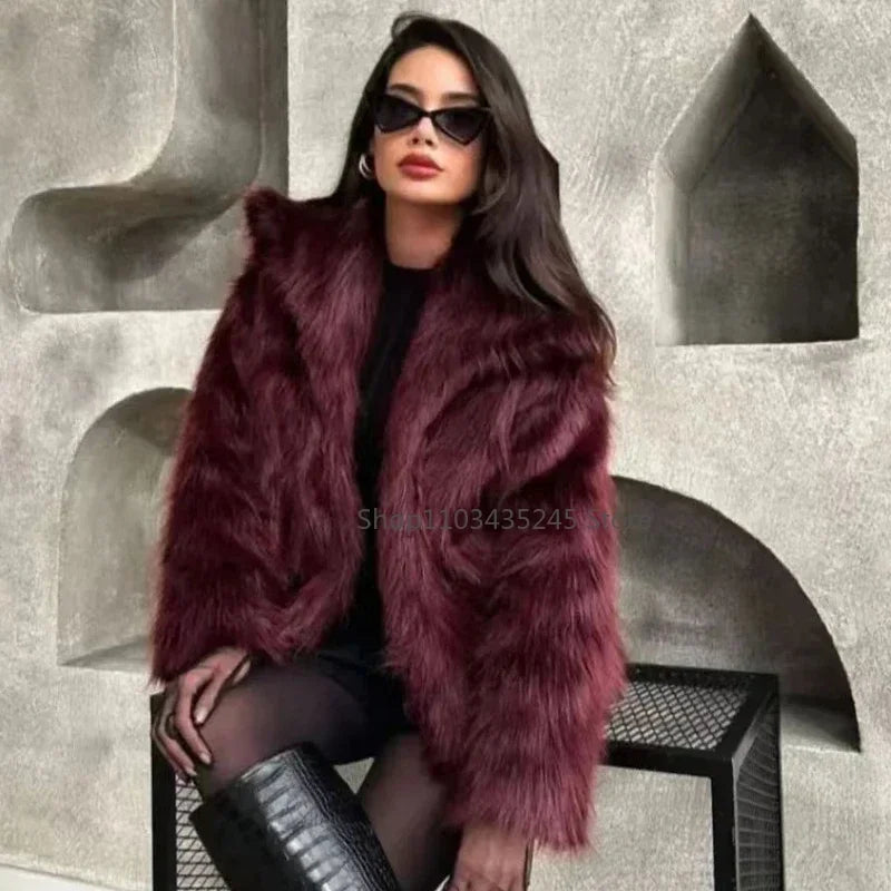 2025 New  Women's Fur Coat Women Plush Burgundy Bomber Jacket Solid Crop Long Sleeve Jacket Warm Winter Coats Woman Casual Coats