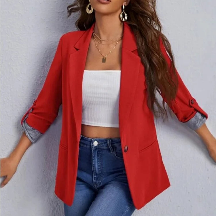 Women Autumn Winter Fashion Splicing Lapel Slim Cardigan Blazer Jacket Long Sleeve Casual
