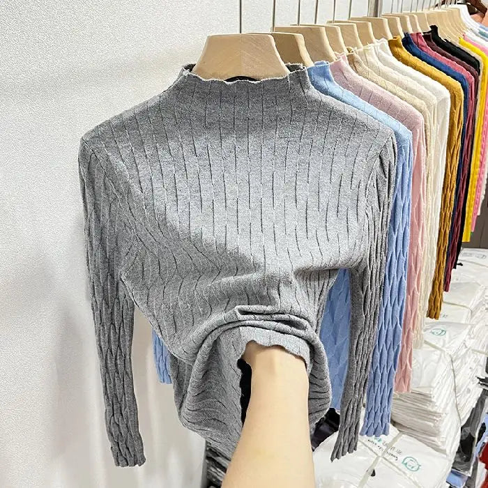 2025 Slim Fit Knitted Base Pullovers Autumn Winter Turtleneck Sweater Women's Solid Long Sleeve Casual Ruched Sweater