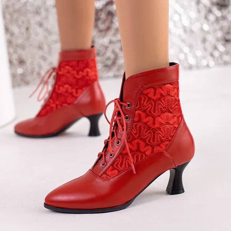 Women Victorian Ankle Boots Leather Lace Heel Shoes for women  Fashion Lace Up Spliced Ladies High Heels Woman Boots Ankle 46