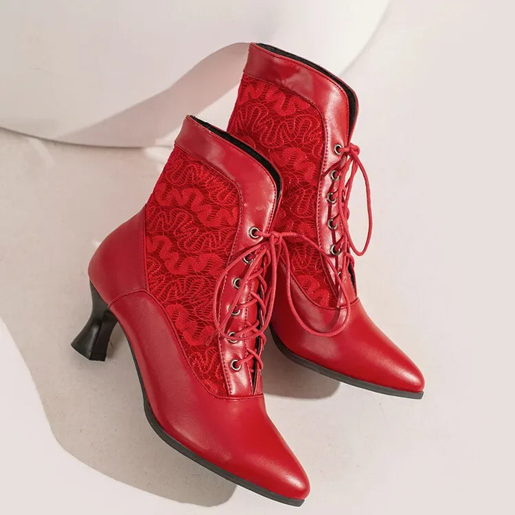 Women Victorian Ankle Boots Leather Lace Heel Shoes for women  Fashion Lace Up Spliced Ladies High Heels Woman Boots Ankle 46