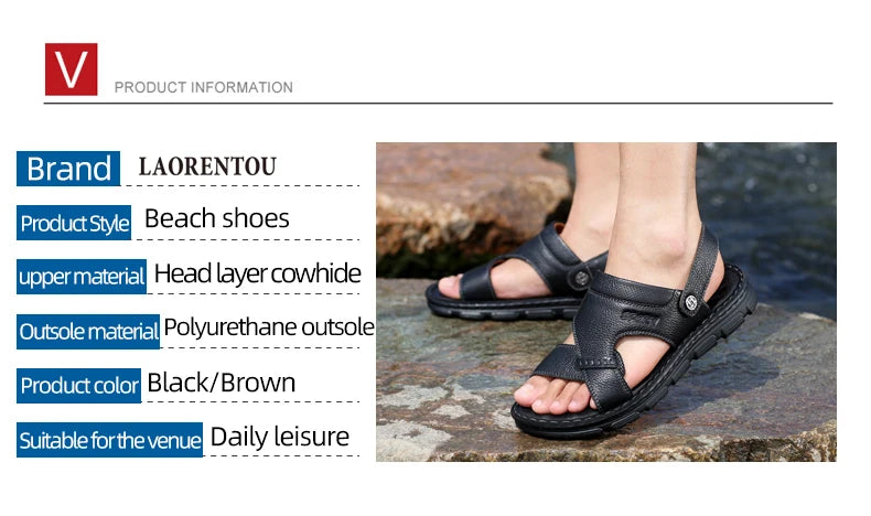 LAORENTOU cowhide breathable outdoor leisure beach shoes, anti slip thick sole leather sandals for external wear