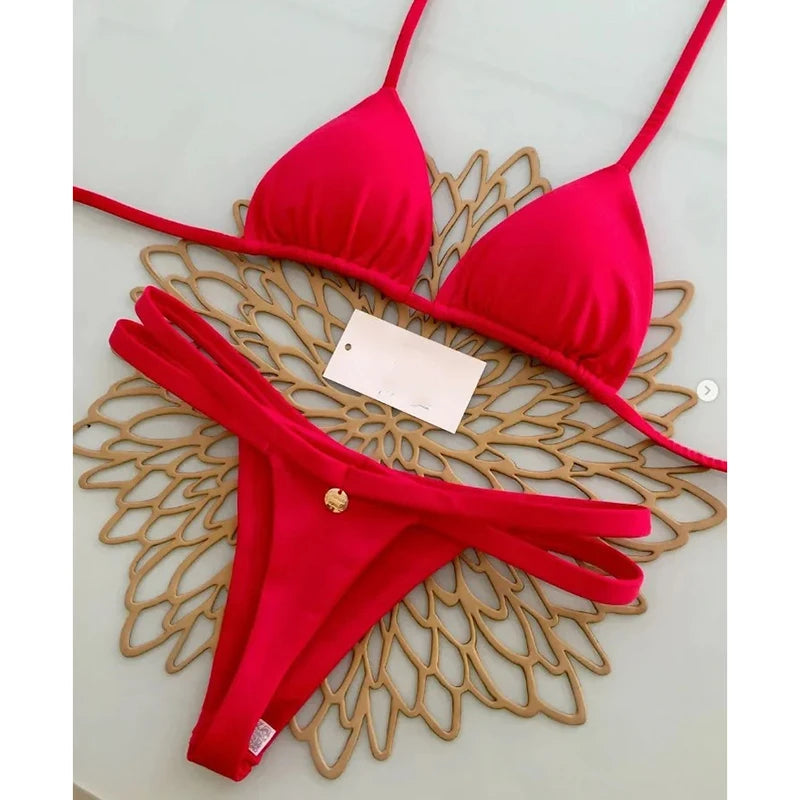 Sexy Bikini Set Bathing Suit Women Vintage Print Halter Lace-up Thongs Bikini Push Up Y2k Fashion Chic Beach Style Sexy Swimsuit