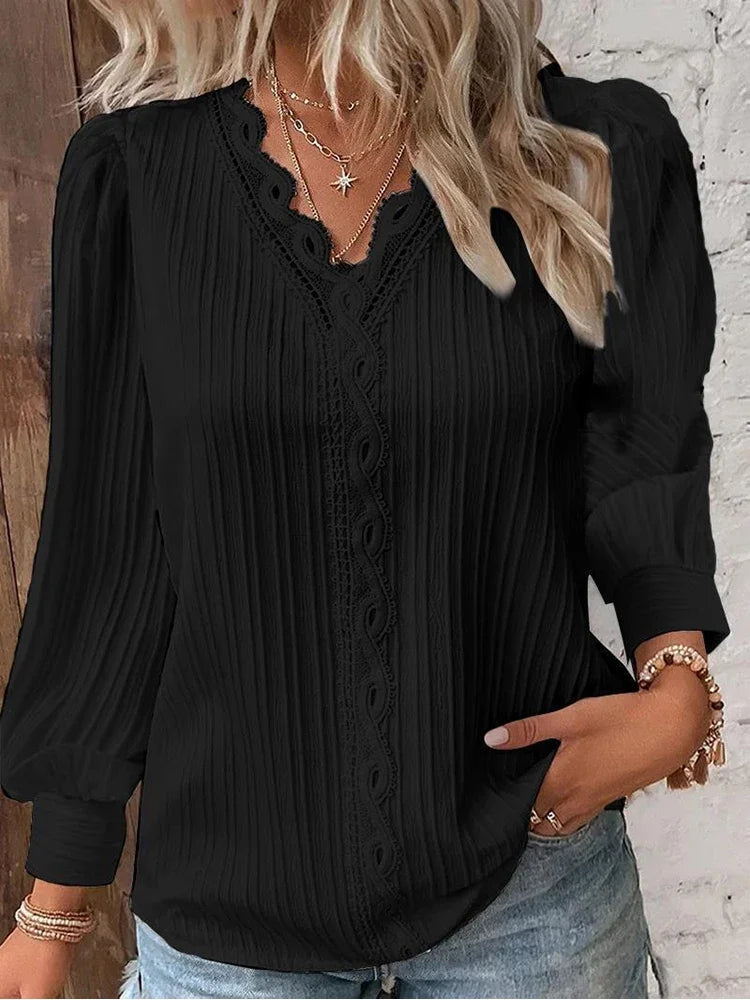 Stitching V-neck Long Sleeve Women's Pullover Chiffon Shirt Lace Stitching Shirt Loose Fall Top Simple Elegant Street Blouse