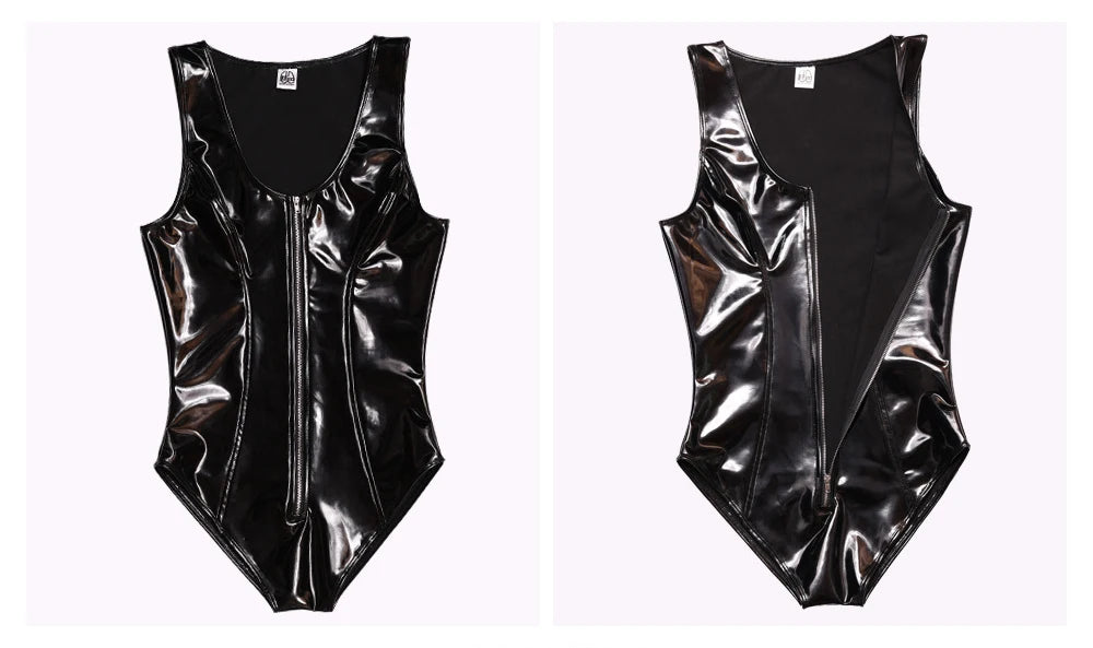 Sleeveless Wet Look PVC Catsuit Shiny PU Leather High Cut Vest Bodysuit Tights Sexy Cosplay Sukumizu Body Tops Clubwear Leotard