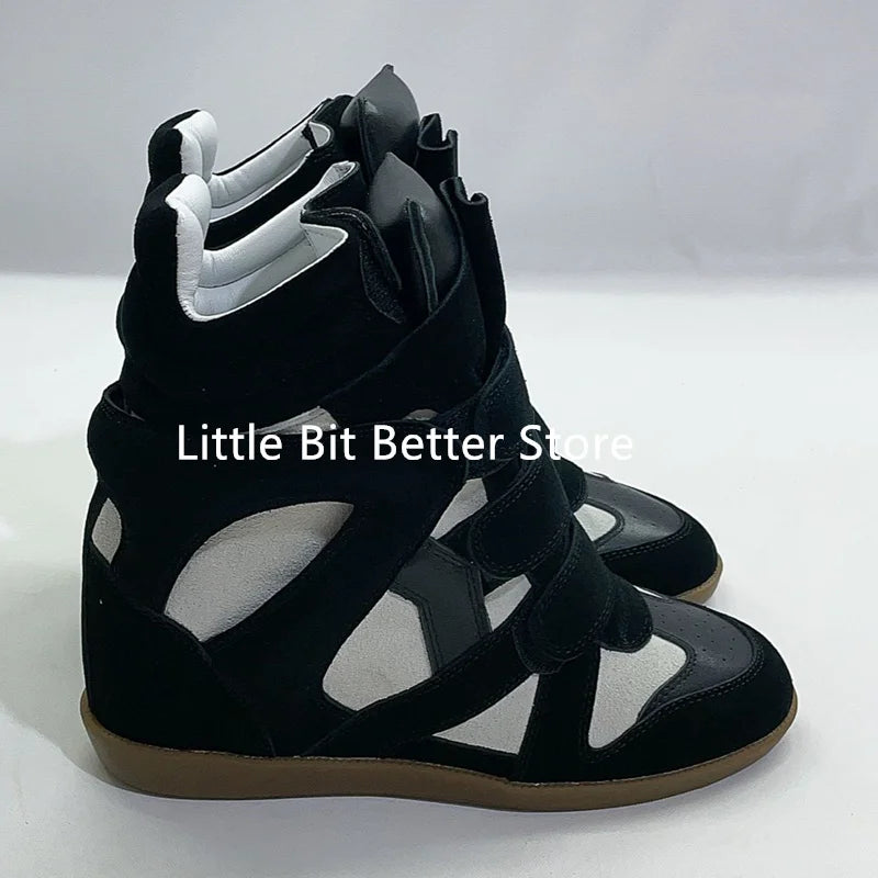 A Genuine Leather Casual Shoes Women's 2026 Summer Breathable Hollow Hidden Wedges Sneakers Hook Loop Trainers High Top