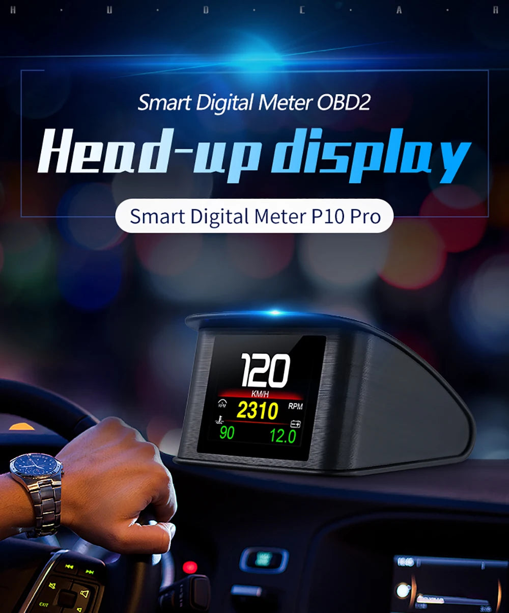P10 Pro Head Up Display On-board Computer Car Digital OBD2 Mileage OBD Driving Computer Display Speedometer Temperature Gauge