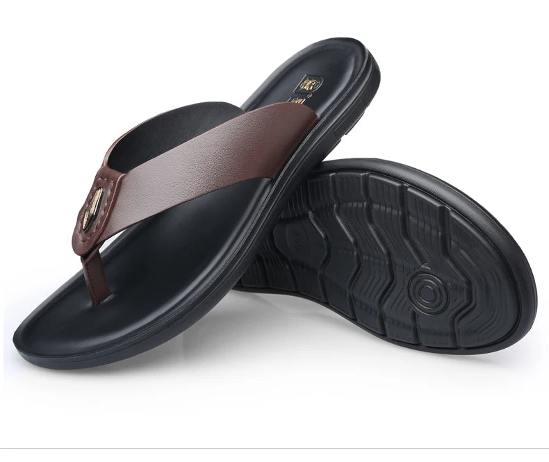 LAORENTOU slippers, men's genuine leather, Korean version, clip on flip flops, men's sandals, cowhide soft sole, anti slip