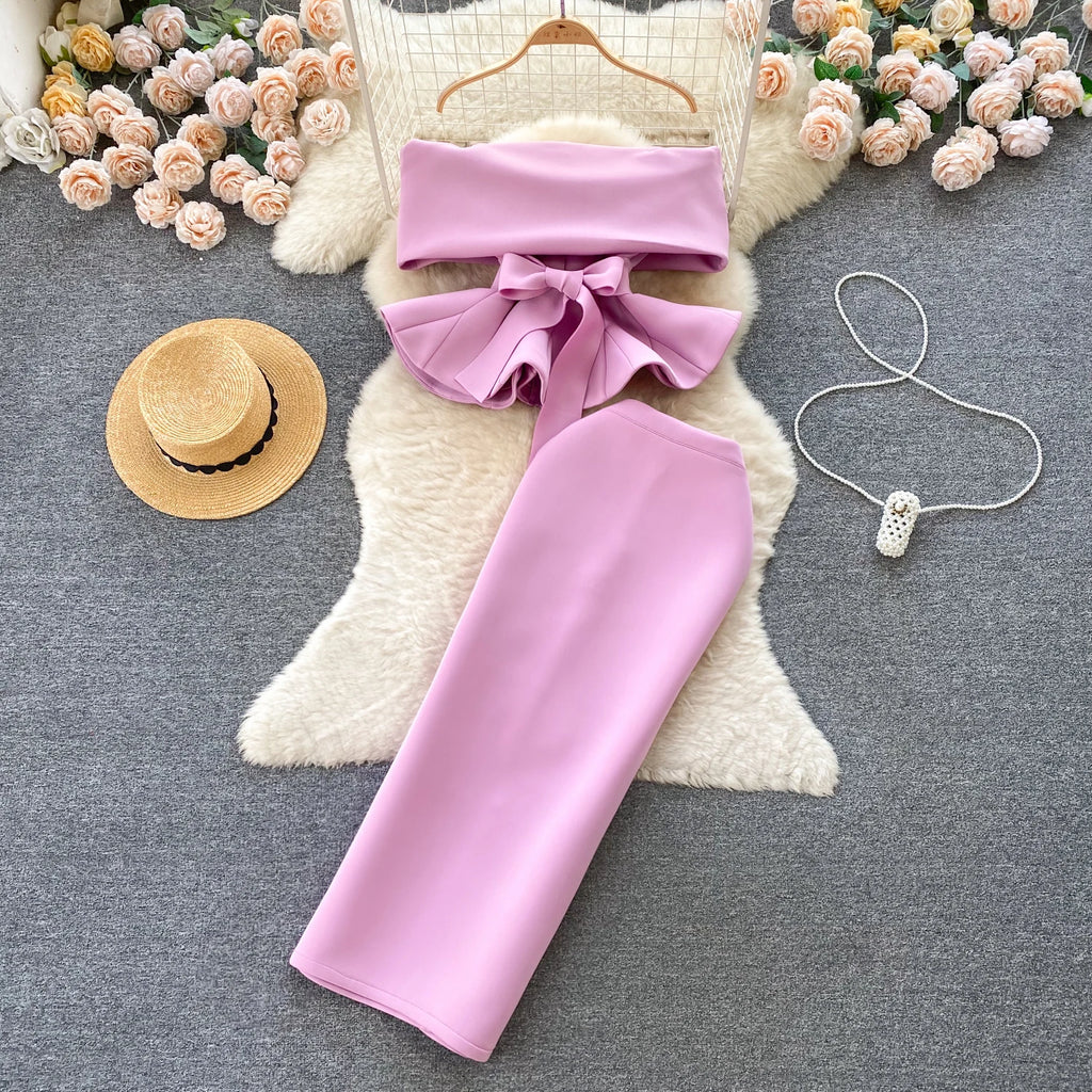 Sexy One-oulder Banded Waist Gown Set with Pleated Skirt Two-Piece Ensemble Courtly Sle Versatile Top f-length A-Line ...