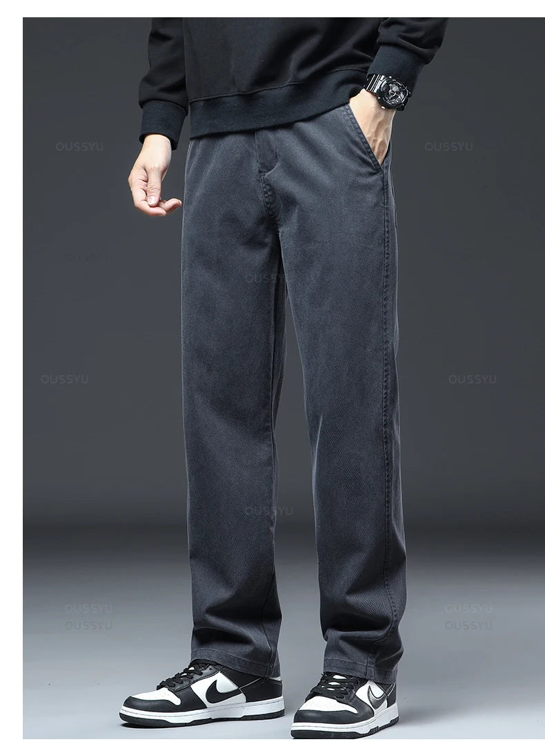 Spring Autumn New Upgraded Lyocell Fabric Jeans Men Loose Straight Elastic Waist Casual Denim Pants Trousers Male Large Size 5XL