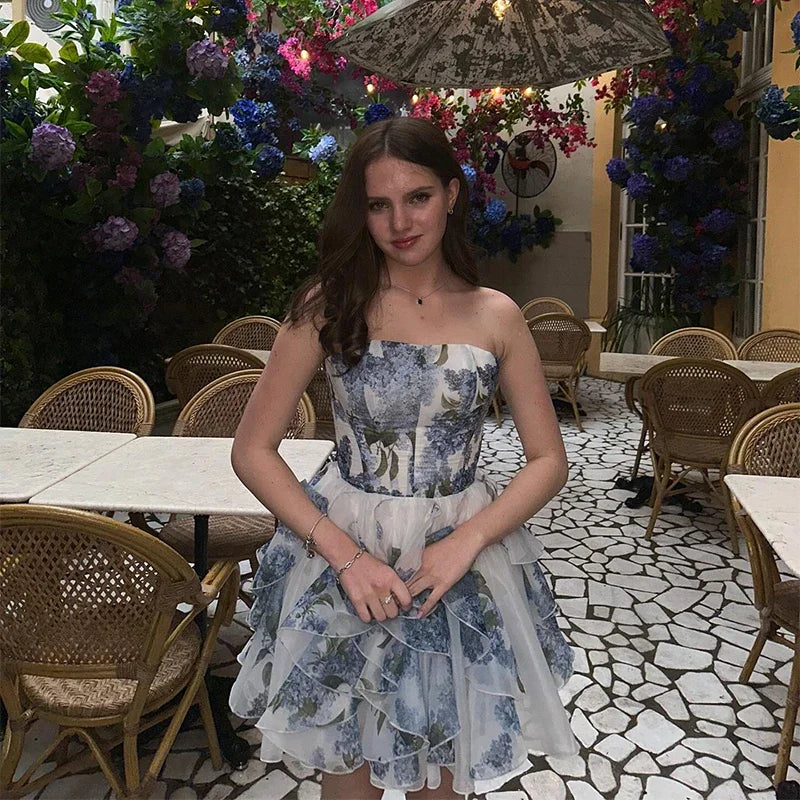 Chic Elegant Floral Printed Mini Dress Women Backless Sleeveless A Line Strapless Robes Pleated Hem Party Vestidos Lady Clorhing