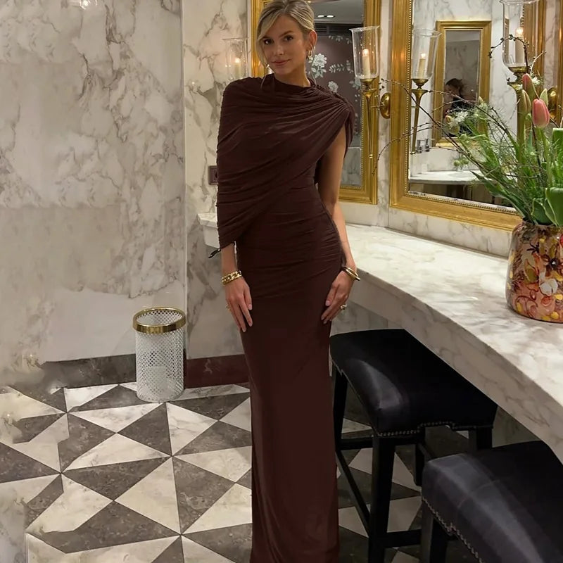 Mozision Irregular Ruched Sexy Maxi Dress For Women Elegant Autumn Inclined Shoulder Pleated Club Party Long Dresses Female