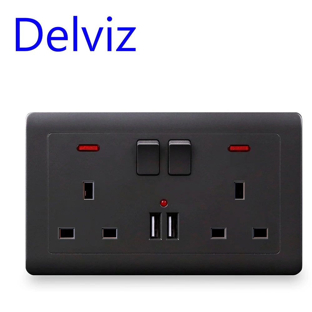 Delviz Wall Power USB Socket, 5V 2.1A Double USB Charger Port, LED Indicator, 146mm*86mm, UK Standard Switch control 13A Outlet
