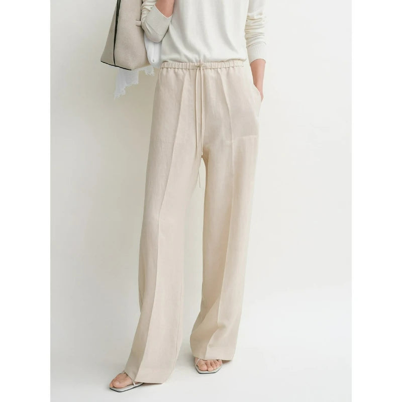 Women 2025 Summer Simple New Style Linen Blend Drawstring High Waist Wide-leg Trousers