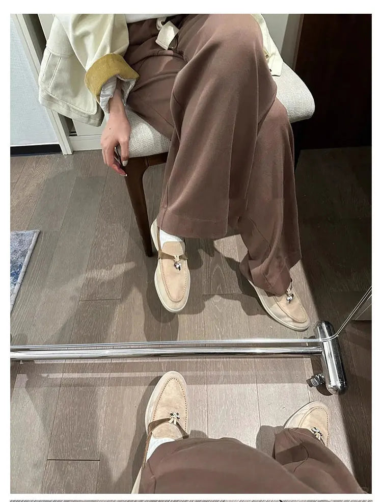 Summer Walk Genuine Leather Casual Slip-On Loers Women's Faion Single oes Comfortable round Toe Flat Heel All-Match Color