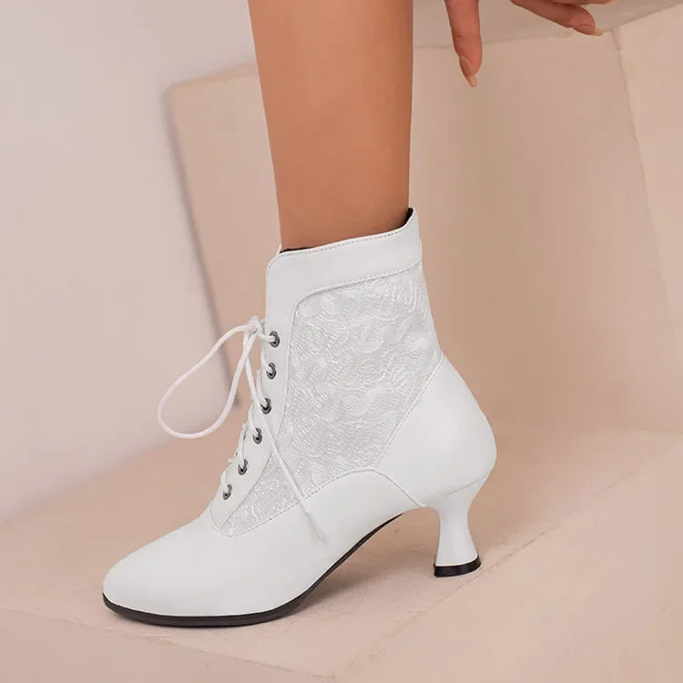 Women Victorian Ankle Boots Leather Lace Heel Shoes for women  Fashion Lace Up Spliced Ladies High Heels Woman Boots Ankle 46