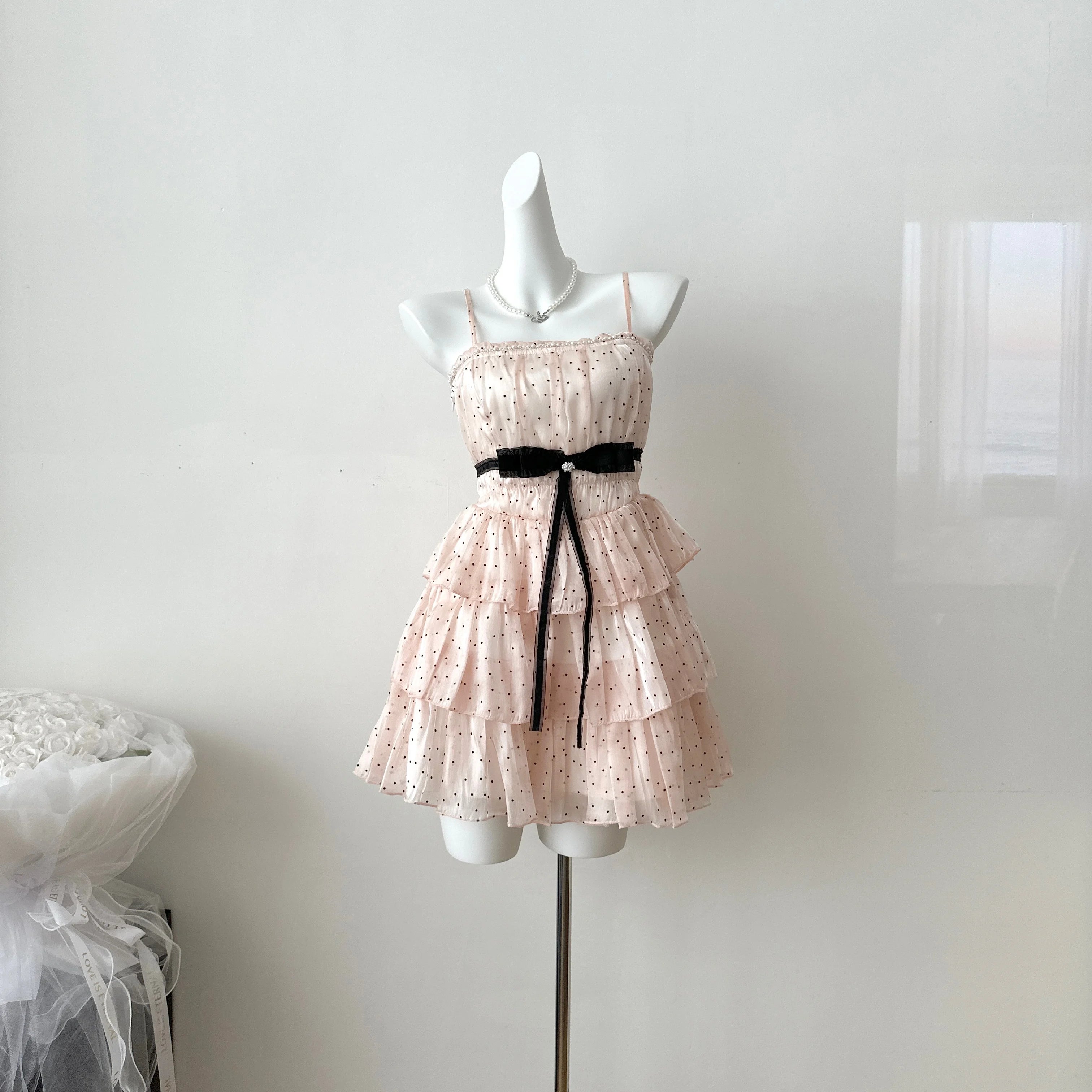 Japanese Elegant Sweet Original Design Evening Dress Women Dot Bow Strapless Pleated Party Dress Princess Casual Cute Clothing