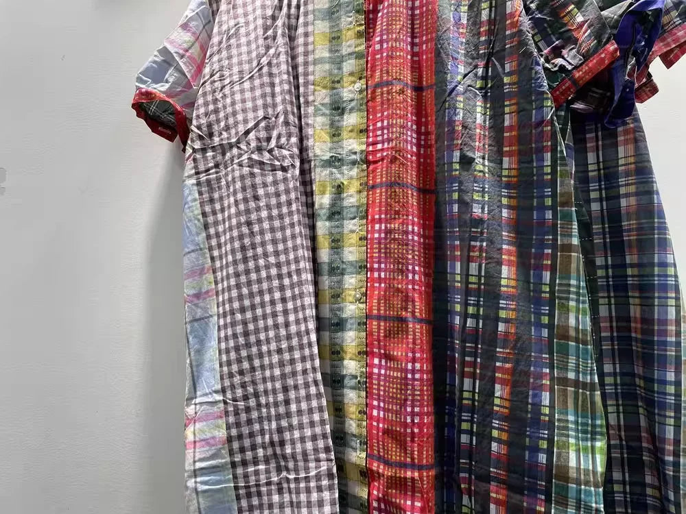 Women's plaid shirts casual 100% cotton long shirt dress for women Japan fashion short sleeve mid-length plaid patchwork shirt