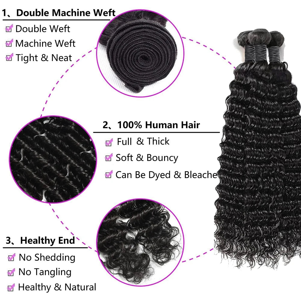 Deep Wave Human Hair Bundles Raw Hair Bundles 100% Natural Deep Curly Remy Peruvian Hair Weave Extensions 1/3/4 Bundle for Women