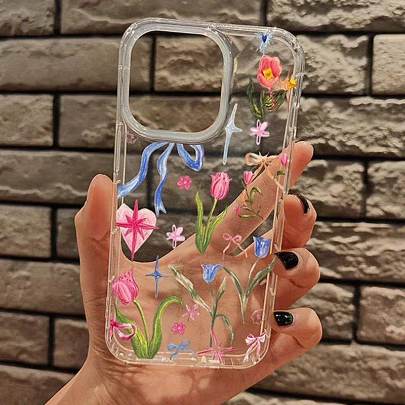 Transparent Fruit Juice Flower Pattern Phone Case For iPhone 17 16 14 11 12 13 15 Pro Max 14 Plus 17 Air Shock-Absorbing Cover