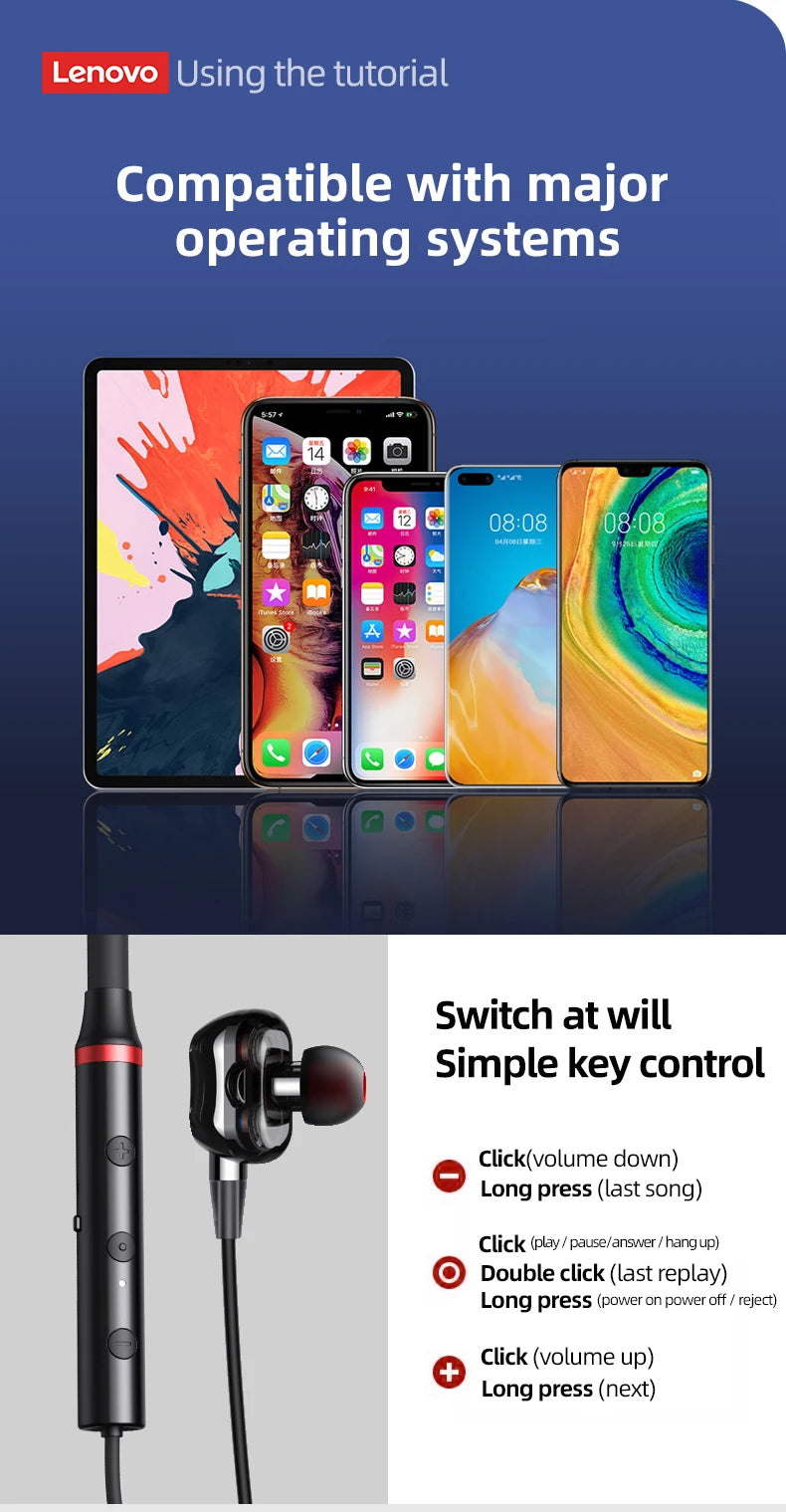 Lenovo Original HE05 Pro TWS Wireless Earphone Bluetooth 5.0 Waterproof Microphone Sports Noise Reduction Neckband Headphones