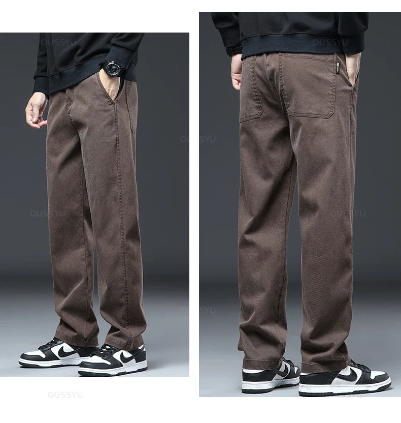 Spring Autumn New Upgraded Lyocell Fabric Jeans Men Loose Straight Elastic Waist Casual Denim Pants Trousers Male Large Size 5XL