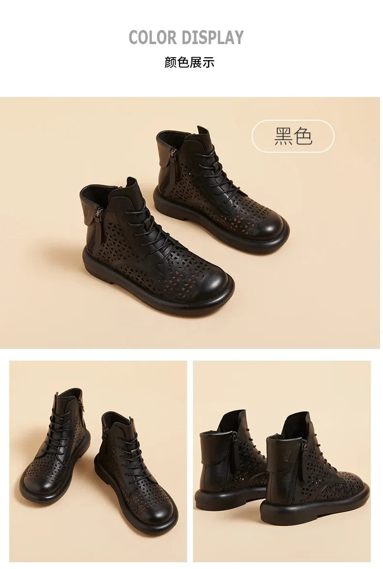 Leather Boots Woman 2025 Retro Leather Hollow Boots for Women Platform-soled Double-side Zipper Casual Short Boots Women's Shoes