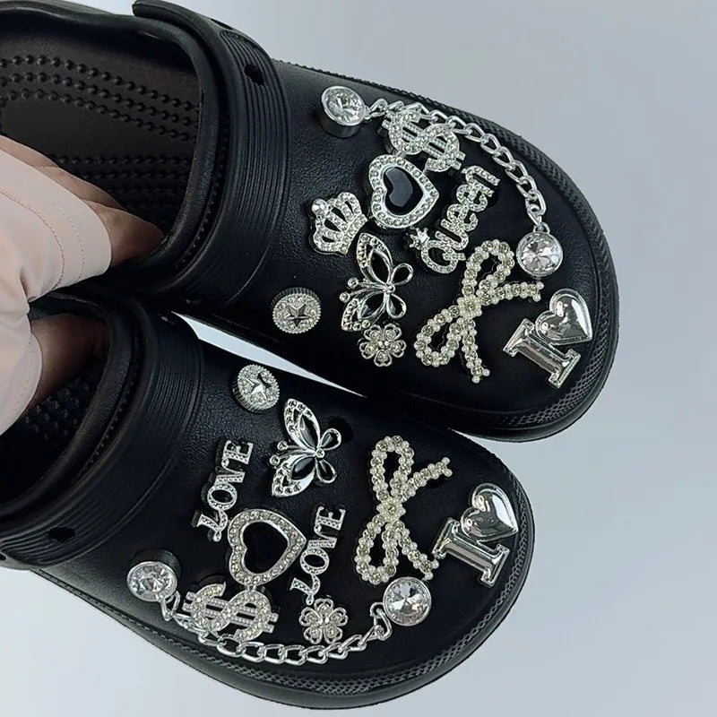 20PCS Fashion Shoe Charms Set Accessories Hole Shoe Buckle Silver Rhinestone Letter Bow Chain DIY Shoes Decorations for Bogg Bag