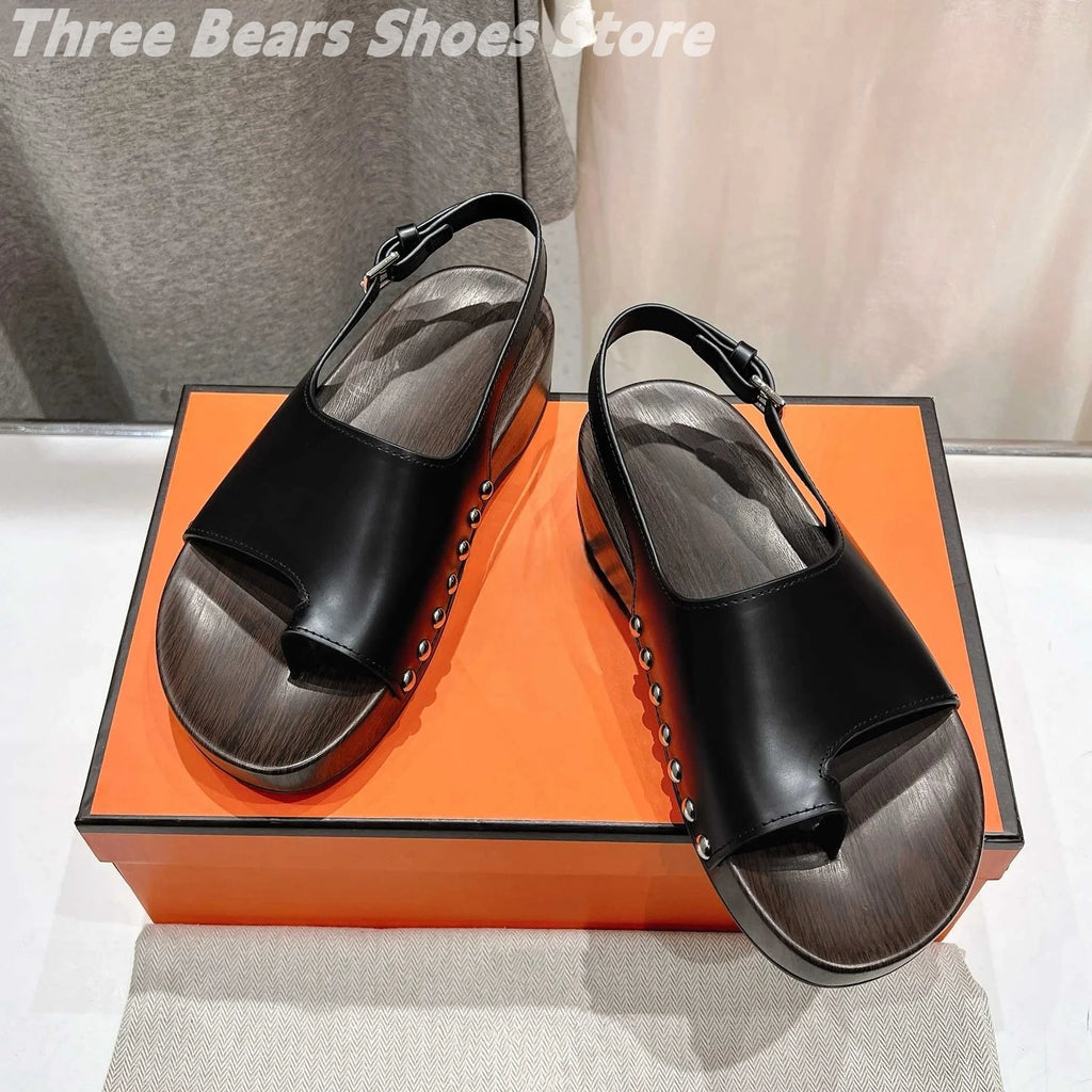 Concise Rivet Cow Leather Sewing Back Strap Flip Flops Woman Sandals Mixed Colors Open-Toes Platform Heels Zapatos Mujer 34-42