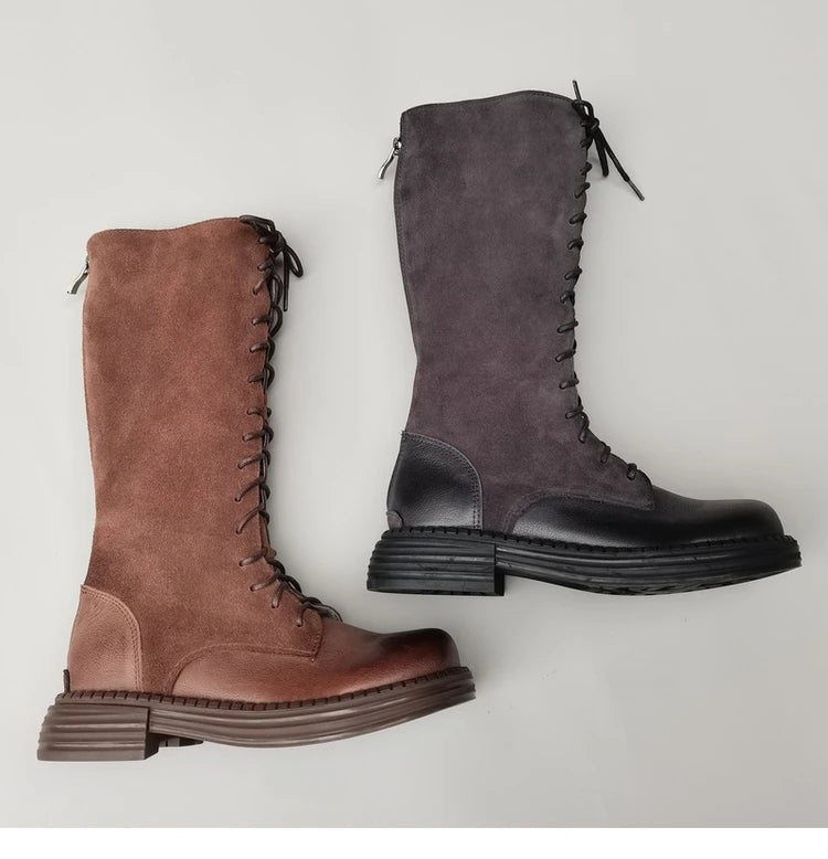 Autumn 2024 Shoes Long Noses Riding Boots Natural Leather Wide Toe Women's Boots Kne-High Cowhide Suede Single Lace-up booties