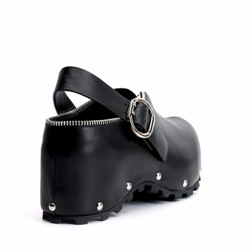 Black Leather Slip-On Vintage Shoes Handmade Women's Leather Platform Clogs with Arch Support, Zipper Detail, Studded Mules
