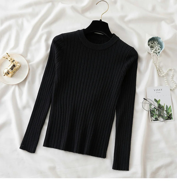 Autumn Winter 2025 Tops Pullovers Women Sweaters Knit Soft Jumper Tops O-Neck Ribbed Long Sleeve Korean Slim-fit Female Sweater