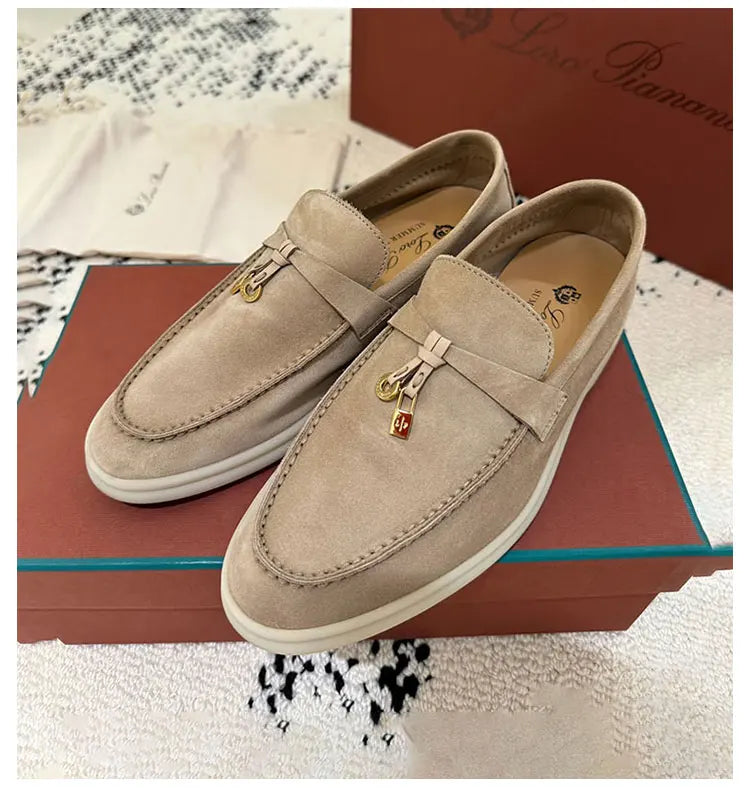 Summer Walk Genuine Leather Casual Slip-On Loers Women's Faion Single oes Comfortable round Toe Flat Heel All-Match Color