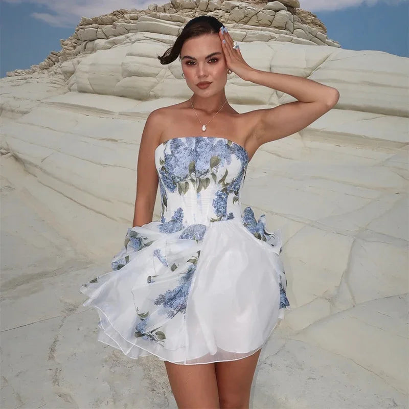 Chic Elegant Floral Printed Mini Dress Women Backless Sleeveless A Line Strapless Robes Pleated Hem Party Vestidos Lady Clorhing