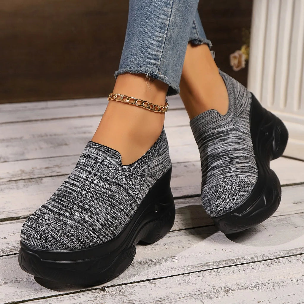 Heightening Thick Sole Fashionable Ladies Shoes 2025 Autumn New Black Mesh Breathable Casual Slip-on Women's Vulcanized Shoes