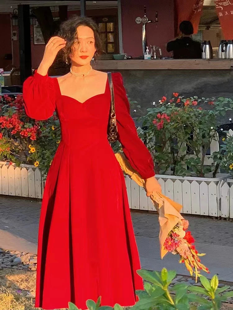 Elegant Velvet Midi Dress Women Vintage Korean Slim V Neck A Line Fairy Dress Female Autumn Long Sleeve All-Match Party Vestidos