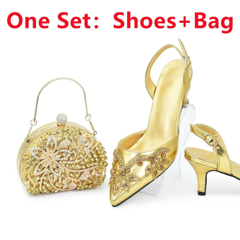 New Arrival Elegant Noble Royal Gold Color Party Wedding Pointed Toe High Heel Women Shoes and Bag Set Decorated with Rhinestone