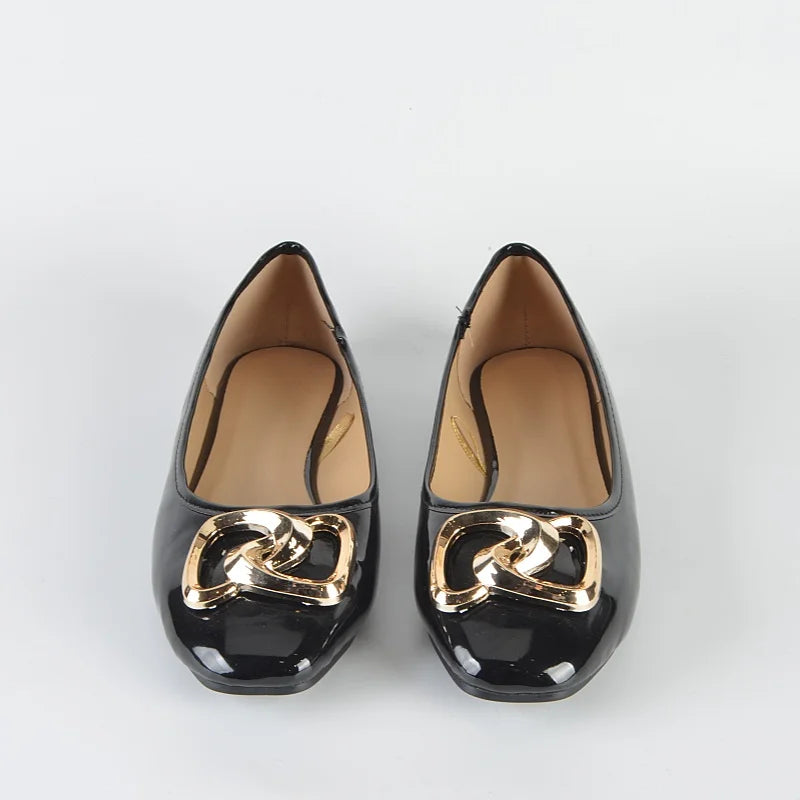 2024 Laidies Geometric Decoration  Comfortable Square Toe Flat  Casual  Spring Autumn Black  Patent faux leather Flat Ballerinas