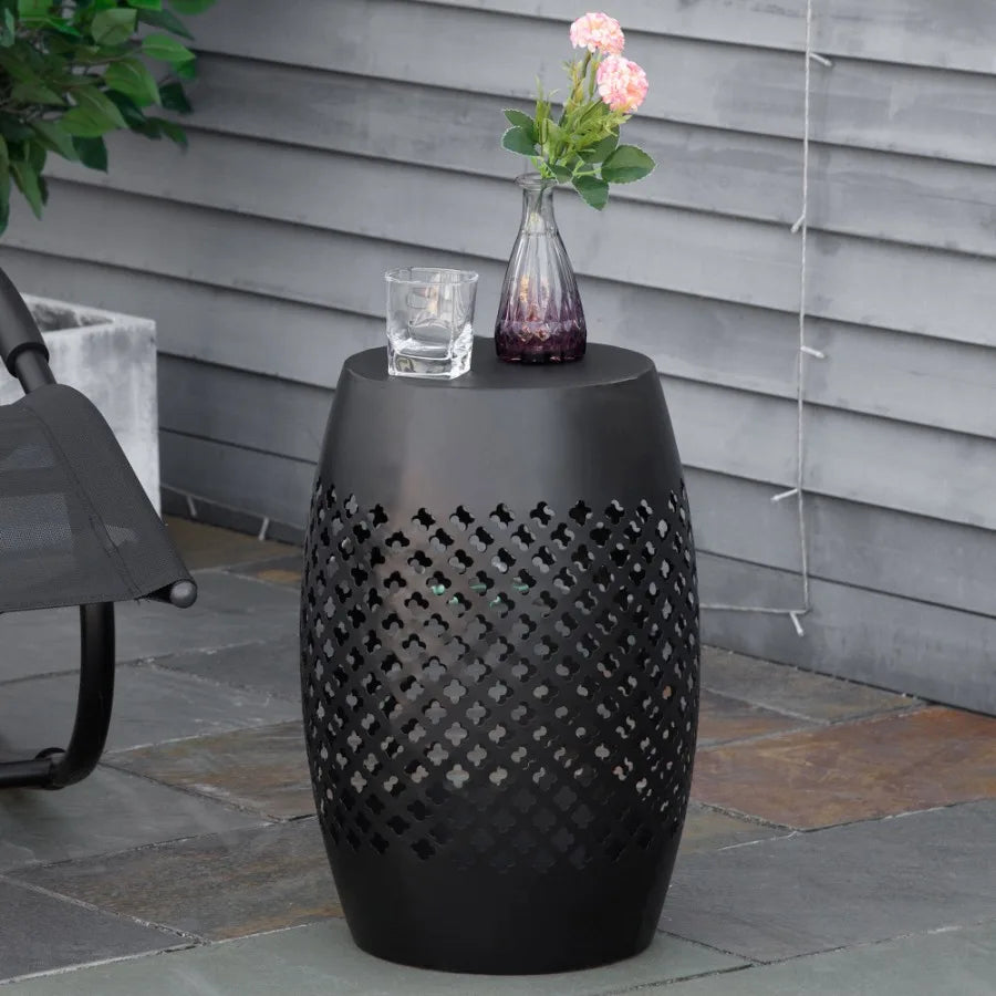12.5 Steel Patio Side Table Round Hollow Drum Design Black for Indoor Outdoor