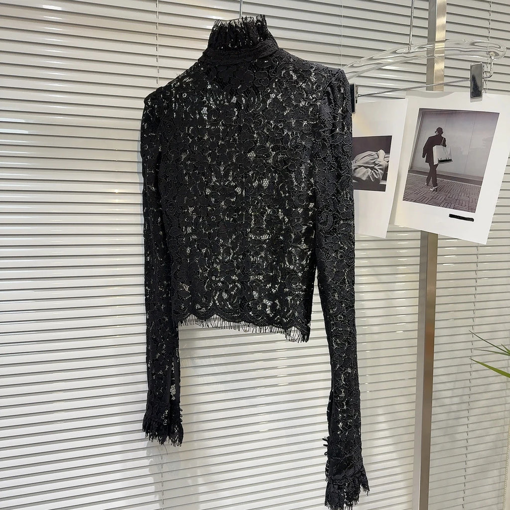 KTCZ Solid Spliced Lace Hollow Out Blouse For Women Long Sleeve Single Breasted Patchwork Print Minimalist Chic Blouse Female