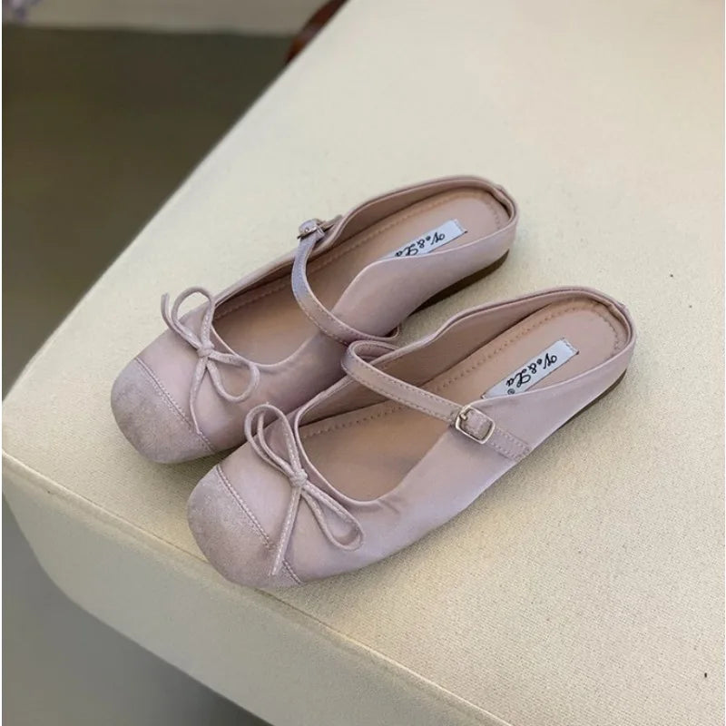 New Style Luxury Satin Silk Ballet Shoes Woman Classic Square Toe Bowtie Elastic Band Ballerina Flats Ladies Soft Loafers
