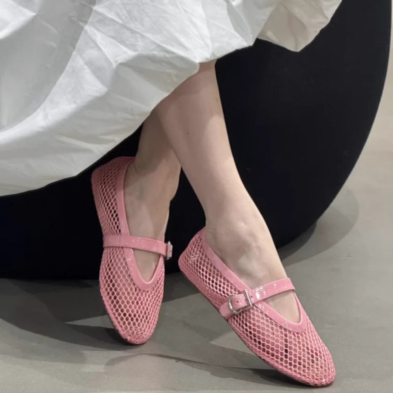 Mesh Buckle Ballet Shoes For Women, High Version 2025 Fairy Hollow Flat Bottom Pink Fishing Net, Mary Jane Single Shoe