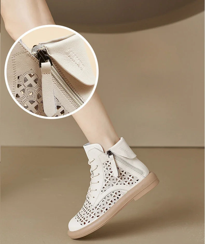 Leather Boots Woman 2025 Retro Leather Hollow Boots for Women Platform-soled Double-side Zipper Casual Short Boots Women's Shoes