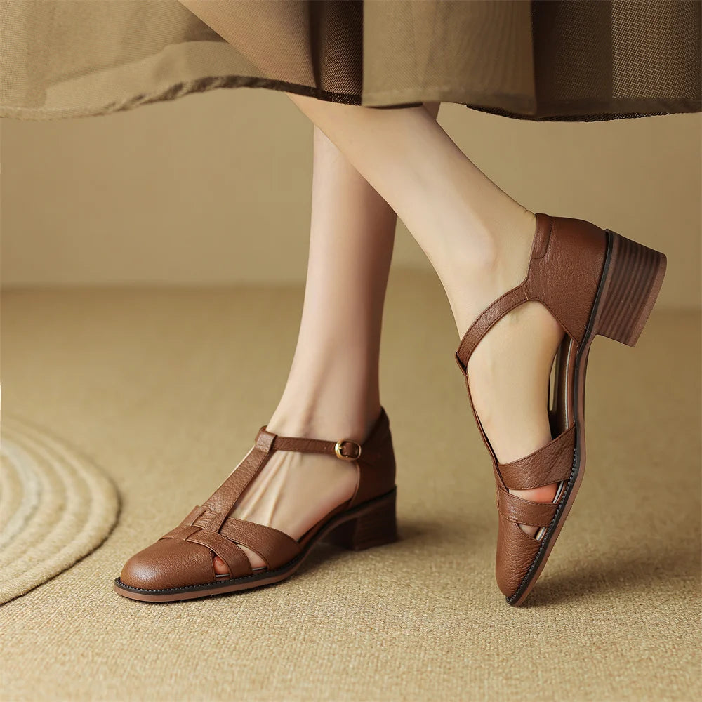 Women's genuine leather narrow band braided t-strap flats sandals round toe casual female summer roman style shoes for women hot