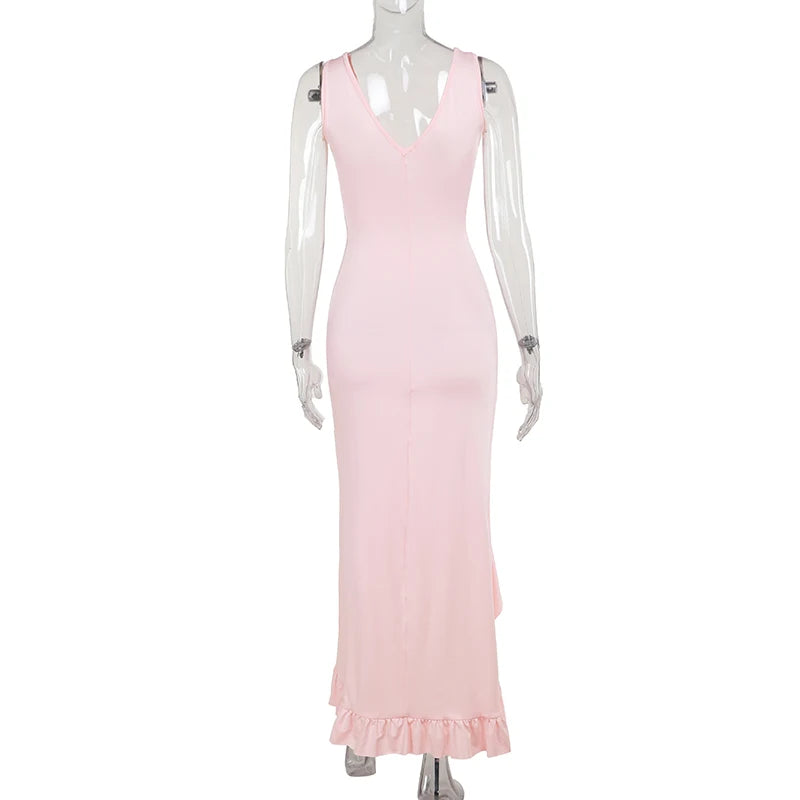 Mozision Elegant Sleeveless Ruffles Sexy Long Dress For Women Summer New Deep V Neck Backless Thigh High Split Maxi Dress