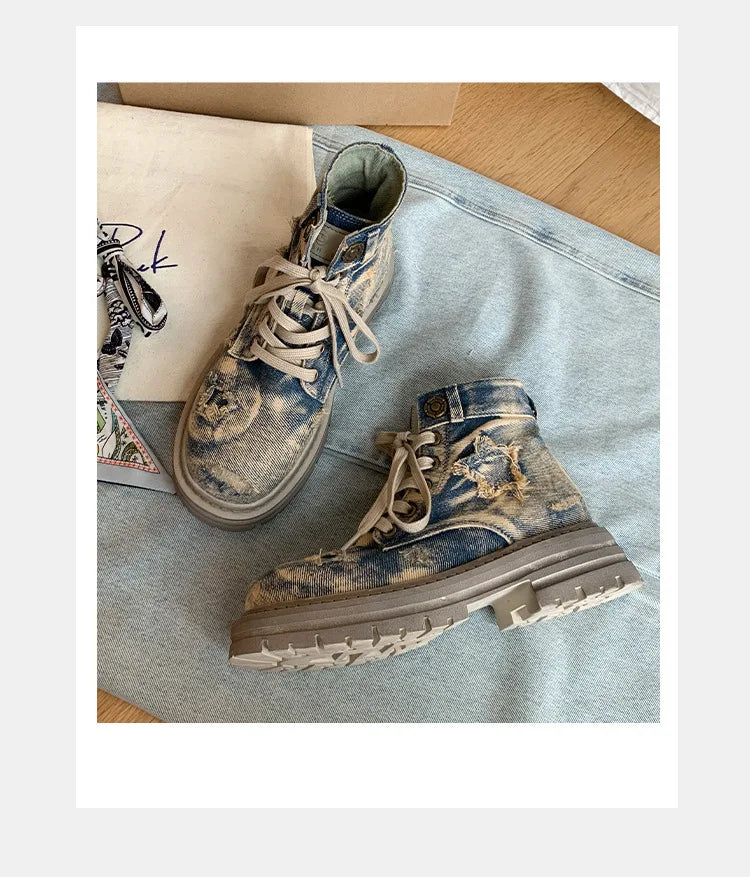 Women's Boots  New Thick Sole Breathable Ribbon Strap Short Boots Anti Slip Lace-up Height Increasing Fashion Boots