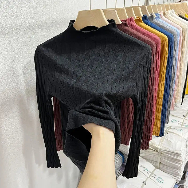 2025 Slim Fit Knitted Base Pullovers Autumn Winter Turtleneck Sweater Women's Solid Long Sleeve Casual Ruched Sweater